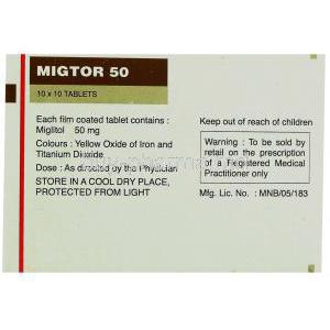 Migtor 50, Generic  Glyset,  Miglitol Box Composition