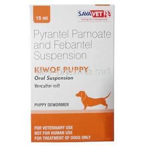 Kiwof Puppy Oral Suspension, Pyrantel Pamoate14.4 mg/ Febantel 15 mg per mL, Oral Suspension for Puppies 15 mL, Sava Healthcare, Box front view (New package)