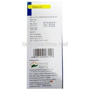 Hirepa 0.5, Repaglinide 0.5 mg, Healing Pharma India Pvt Ltd, Box information, Mfg date, Exp date