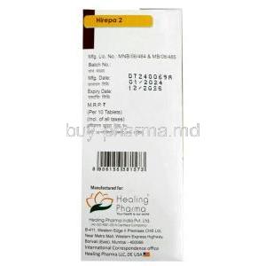 Hirepa 2, Repaglinide 2 mg, Healing Pharma India Pvt Ltd, Box information, Mfg date, Exp date