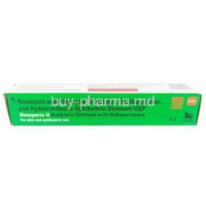 Neosporin H Ointment,Polymyxin B 5000 units / Neomycin 3400 units / Bacitracin 400 units / Hydrocortisone 10 mg, Ointment 5 g, GSK, Box back view