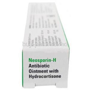 Neosporin H Ointment,Polymyxin B 5000 units / Neomycin 3400 units / Bacitracin 400 units / Hydrocortisone 10 mg, Ointment 5 g, GSK, Box side view