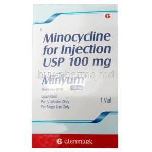 Minyum Injection, Minocycline 100 mg, Vial, Glenmark Pharmaceuticals,Box front view