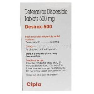 Desirox, Deferasirox 500 mg, 30 tablets(Bottle), Cipla, Box information, Contents, Direction for use (New package)