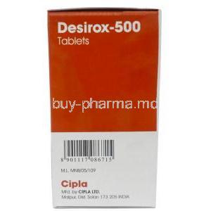 Desirox, Deferasirox 500 mg, 30 tablets(Bottle), Cipla, Box information, Manufacturer (New package)