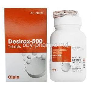 Desirox, Deferasirox 500 mg box, bottle and leaflet
