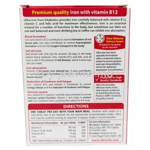 Vitabiotics Ultra Iron,Vitamin C 80 mg, Folic Acid 200 μg, Vitamin B12 10 μg, Iron 14 mg, Vitabiotics Ltd, Box information, Directions
