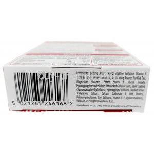 Vitabiotics Ultra Iron,Vitamin C 80 mg, Folic Acid 200 μg, Vitamin B12 10 μg, Iron 14 mg, Vitabiotics Ltd, Box information, Ingredients