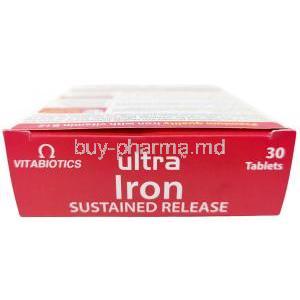 Vitabiotics Ultra Iron,Vitamin C 80 mg, Folic Acid 200 μg, Vitamin B12 10 μg, Iron 14 mg, Vitabiotics Ltd, Box top view
