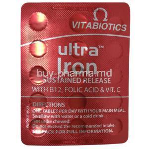 Vitabiotics Ultra Iron,Vitamin C 80 mg, Folic Acid 200 μg, Vitamin B12 10 μg, Iron 14 mg, Vitabiotics Ltd, Blisterpack information