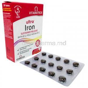 Vitabiotics Ultra Iron,Vitamin C 80 mg, Folic Acid 200 μg, Vitamin B12 10 μg, Iron 14 mg, Vitabiotics Ltd, Box, Blisterpack