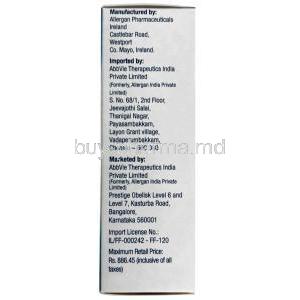 Ganfort Eye Drop,Bimatoprost 0.03%, Timolol Maleate 0.5%, Eye drop 3 mL, Abbvie, Box information