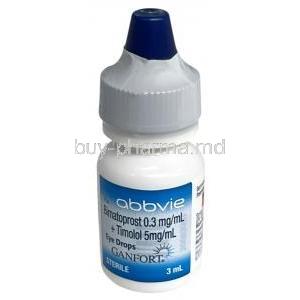 Ganfort Eye Drop,Bimatoprost 0.03%, Timolol Maleate 0.5%, Eye drop 3 mL, Abbvie, Bottle front view