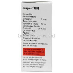 Careprost Plus Eye Drop, Bimatoprost 0.03%, Timolol Maleate 0.5%, Eye drop 3 mL, Sun Pharma, Box information, Composition