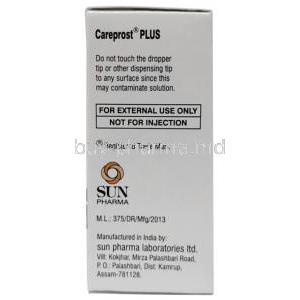 Careprost Plus Eye Drop, Bimatoprost 0.03%, Timolol Maleate 0.5%, Eye drop 3 mL, Sun Pharma, Box information, Manufacturer