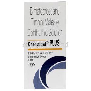Careprost Plus Eye Drop, Bimatoprost 0.03%, Timolol Maleate 0.5%, Eye drop 3 mL, Sun Pharma, Box front view