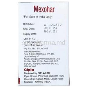 Mexohar, Mexiletine 50 mg, 30 Capsules, Cipla, Box information, Mfg date, Exp date