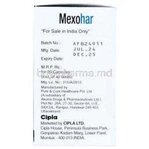 Mexohar, Mexiletine 150 mg, 30 Capsules, Cipla, Box information, Mfg date, Exp date