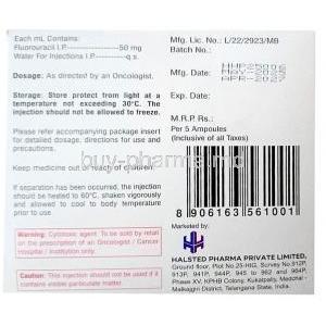 Flurasted Injection, Fluorouracil 500 mg per 10mL, 5 ampoules,Halsted Pharma Pvt Ltd, Box information