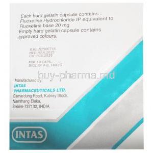 Flunil, Fluoxetine 20 mg, Capsule, Intas Pharma, Box information
