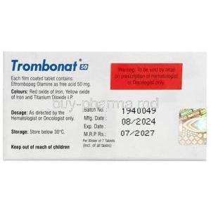 Trombonat 50, Eltrombopag 50 mg, 7 tablets, Natco Pharma, Box information, Mfg date, Exp date