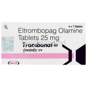 Trombonat 25, Eltrombopag 25 mg, 7 tablets, Natco Pharma, Box front view