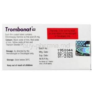 Trombonat 25, Eltrombopag 25 mg, 7 tablets, Natco Pharma, Box information, Mfg date, Exp date
