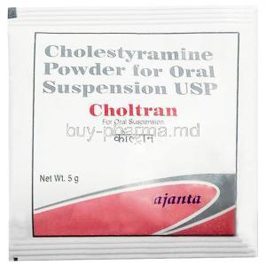 Choltran, Cholestyramine (Colestyramine)4 g,  Sachets 5 g, Ajanta Pharma Limited, Sachet front view.