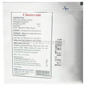Choltran, Cholestyramine (Colestyramine)4 g,  Sachets 5 g, Ajanta Pharma Limited, Sachet information.