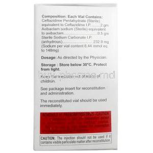 Zeftabac Injection,Ceftazidime 2000mg, Avibactam 500mg, Vial 20 mL,Lupin Ltd, Box information, Composition, Caution