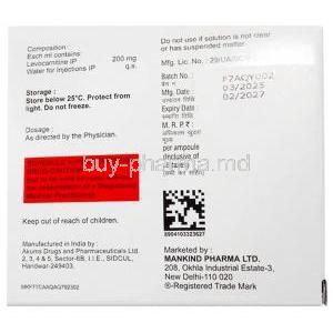 Nurokind-LC Injection, Levo-carnitine 200 mg, Ampoule 5 mL X 5, Mankind Pharma, Box information