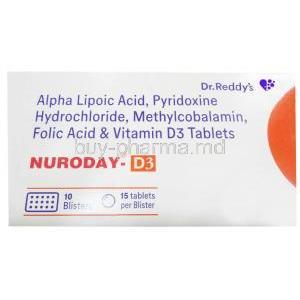 Nuroday D3, Mecobalamin 1500 mcg,Alpha Lipoic Acid 100 mg, Pyridoxine 3 mg, Vitamin D3 1000 IU, Folic acid 1.5 mg, 15 tablets, Dr. Reddy's Lab, Box front view