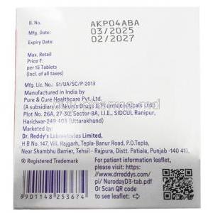 Nuroday D3, Mecobalamin 1500 mcg,Alpha Lipoic Acid 100 mg, Pyridoxine 3 mg, Vitamin D3 1000 IU, Folic acid 1.5 mg, 15 tablets, Dr. Reddy's Lab, Box information