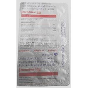 Nuroday D3, Mecobalamin 1500 mcg,Alpha Lipoic Acid 100 mg, Pyridoxine 3 mg, Vitamin D3 1000 IU, Folic acid 1.5 mg, 15 tablets, Dr. Reddy's Lab, Blisterpack information