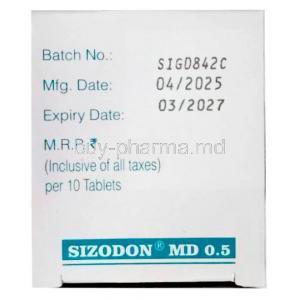Sizodon MD 0.5, Risperidone 0.5mg, Sun Pharma, Box information