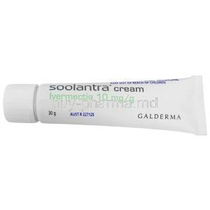 Soolantra Cream, Ivermectin 1%, Cream 30 g, Galderma Australia, Tube front view
