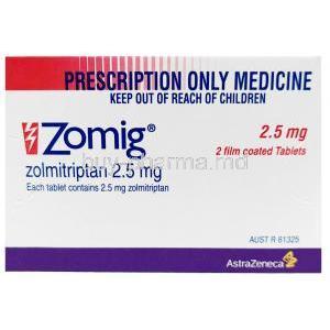 Zomig,Zolmitriptan 2.5mg, 2 tablets, Astra Zeneca, Box front view