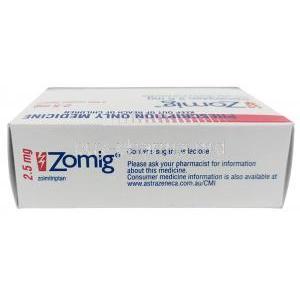 Zomig,Zolmitriptan 2.5mg, 2 tablets, Astra Zeneca, Box top view