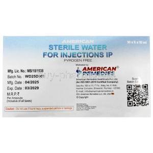 Sterile Water For Injections Ampule 10 mL X 5, American Remedies, Box information, Mfg date, Exp date