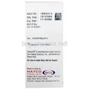 Tafnat EM, Tenofovir 25 mg ,Emtricitabine 200 mg, Narco, Box information, Mfg date, Exp date