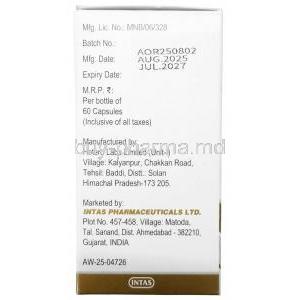 Alkros-one, Crizotinib 250 mg, 60capsules(1 bottle), Intas Pharmaceuticals Ltd, Box information, Mfg date, Exp date