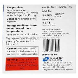 Sam-MB Injection for IV use, Methylene Blue 10 mg per mL, 5 Ampoules, T.Walker's Pharmaceuticals PVT.Ltd, Box information