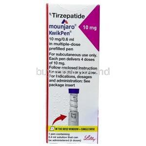 Mounjaro KwikPen 10 mg, Tirzepatide 10 mg per 0.6mL, Eli Lilly and Company India, Box front view
