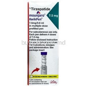 Mounjaro KwikPen 7.5 mg, Tirzepatide 7.5 mg per 0.6mL,  Eli Lilly and Company India, Box front view