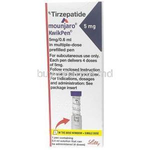 Mounjaro KwikPen 5 mg, Tirzepatide 5 mg per 0.6mL,  Eli Lilly and Company India, Box front view