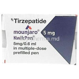 Mounjaro KwikPen 5 mg, Tirzepatide 5 mg per 0.6mL,  Eli Lilly and Company India, Box top view