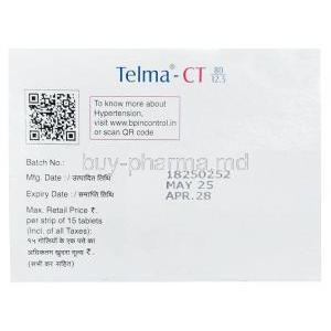 Telma-CT, Telmisartan 80 mg, Chlorthalidone 12.5 mg, Glenmark Pharmaceuticals, Box information