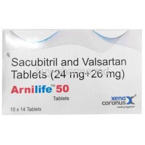 Arnilife 50, Sacubitril 24 mg , Valsartan 26 mg,Xena Coronus Health Care Pvt Ltd, Box front view
