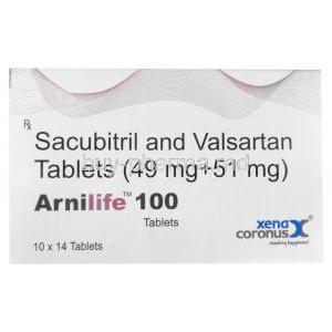 Arnilife 100, Sacubitril 49 mg , Valsartan 51 mg, Xena Coronus Health Care Pvt Ltd, Box front view