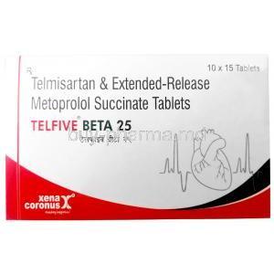 Telfive Beta 25,Telmisartan 40 mg/ Metoprolol 25 mg, Xena Coronus Health Care Pvt Ltd, Box front view